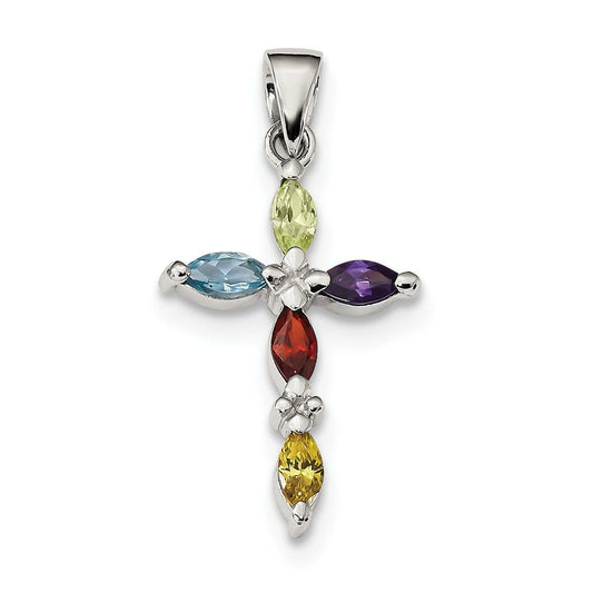 Sterling Silver Rhodium-plated Multi-Color CZ Cross Pendant