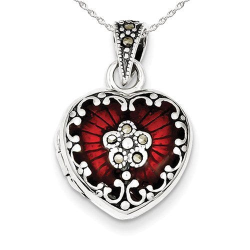 Sterling Silver Red Enamel & Marcasite Heart Photo Locket