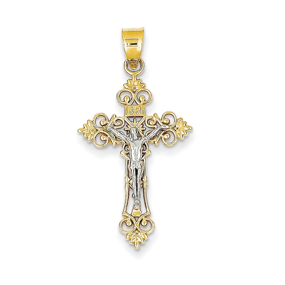 14K Two-tone Medium Lacey-edged INRI Crucifix Pendant