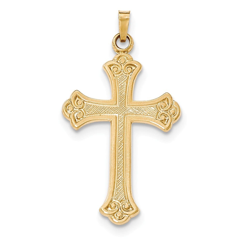 14k Textured and Polished Fleur de lis Cross Pendant