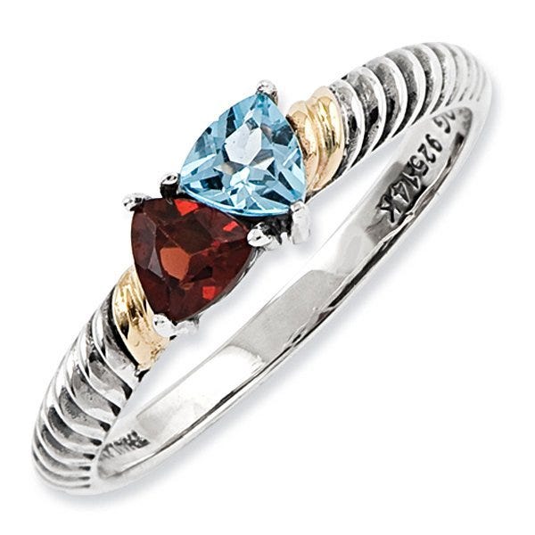Sterling Silver & 14k Gold Antiqued Mother's Ring w/ Two Trillion Birthstones