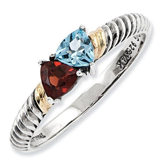 Sterling Silver & 14k Gold Antiqued Mother's Ring w/ Two Trillion Birthstones