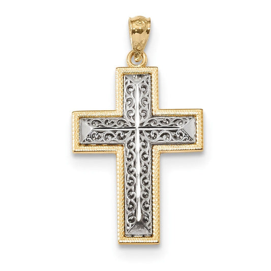 14k Two-tone Polished Filigree Cross Pendant