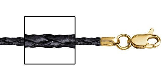 14K Yellow Gold 3mm Thick Black Genuine Leather Chain