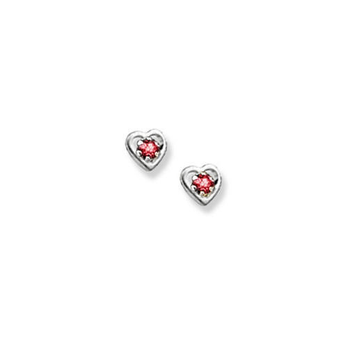 14K  White Gold Child's Genuine Ruby Heart Birthstone Earrings