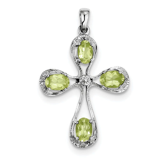 Sterling Silver Rhodium Peridot & Diamond Cross Pendant