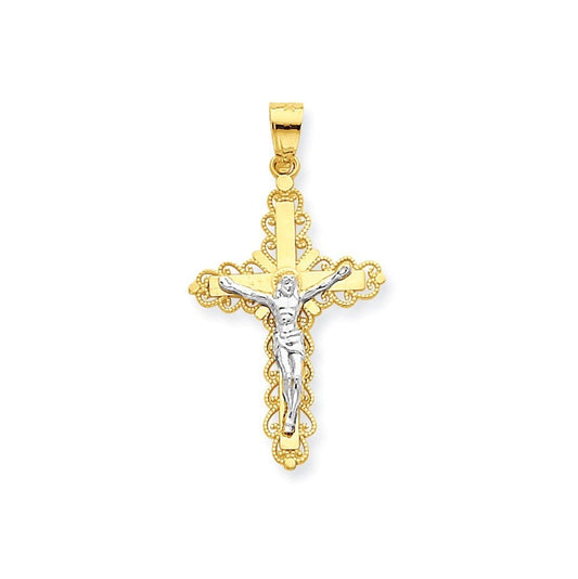 10k & Rhodium Filigree Crucifix Pendant