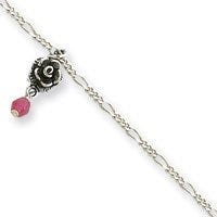 Sterling Silver Antiqued Strawberry Quartz & Roses Figaro Anklet