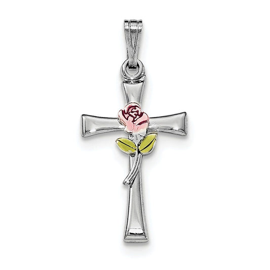 Sterling Silver Rhodium-plated Cross with Epoxy Rose Center Pendant