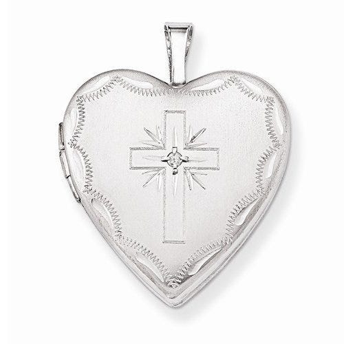 14k White Gold Cross Heart Photo Locket with Diamond