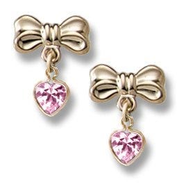 14K Yellow Gold Ribbon Heart Pink Zirconia Dangles Children Earrings