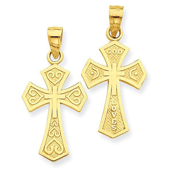 14k Yellow Gold Reversible "God Loves" Cross Pendant