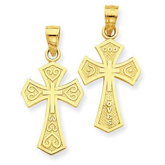 14k Yellow Gold Reversible "God Loves" Cross Pendant