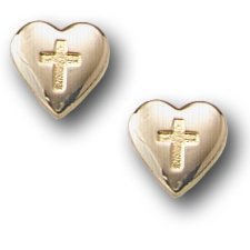 14K Yellow Gold Cross Hearts Children Post Earrings