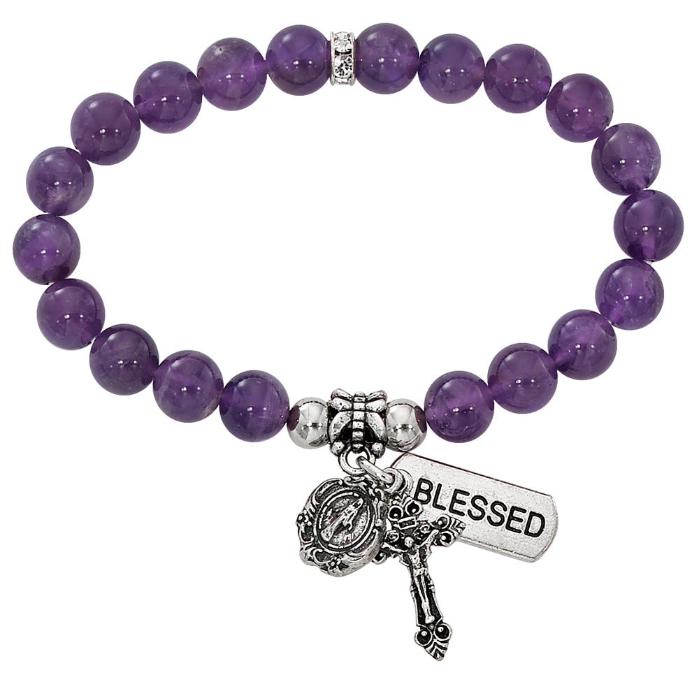 Two Decade Rosary Stretch Bracelet with Simulated Amethyst Beads