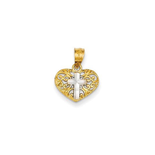 14k w/Rhodium Cross in Heart Pendant