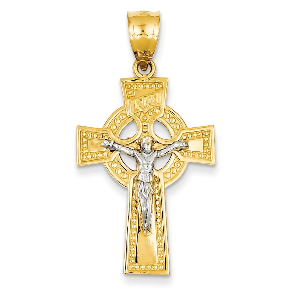 14k Two-tone INRI Celtic Crucifix Pendant