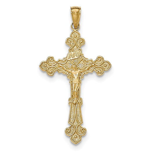 14K Gold Polished Textured INRI Crucifix Fleur de Lis Pendant