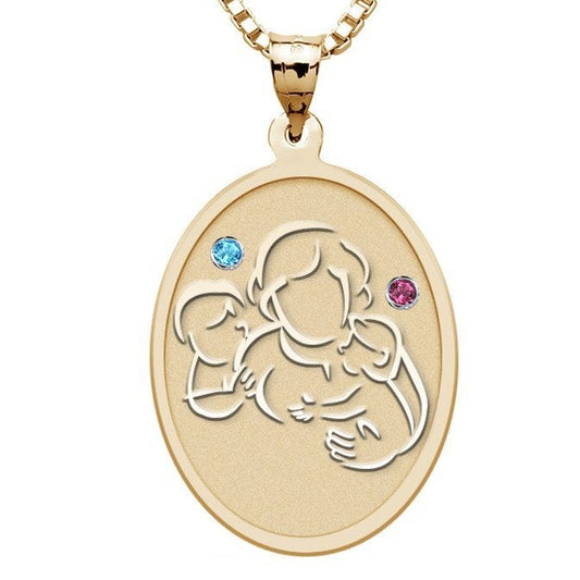 Mother with Son Daughter - Oval Pendant with Birthstones