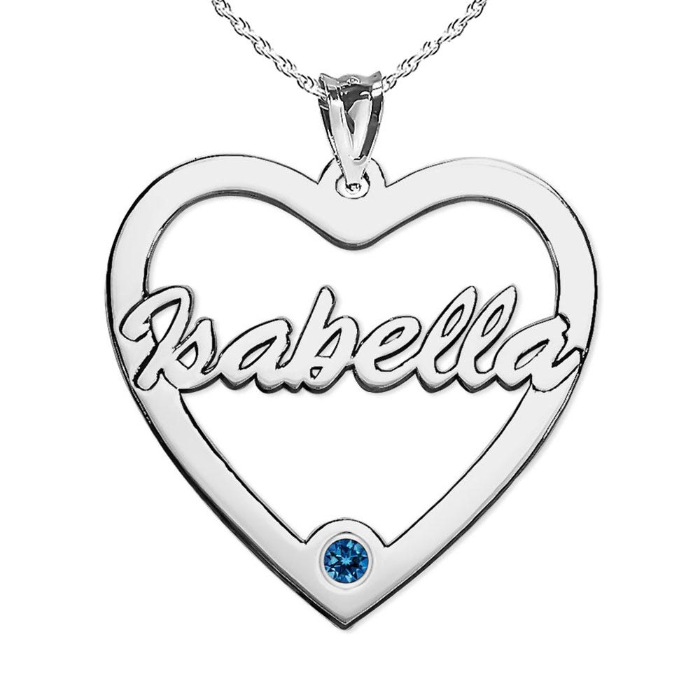 Personalized Heart Cut-Out with Pendant with Birthstone & Name- Includes 18 Inch Chain