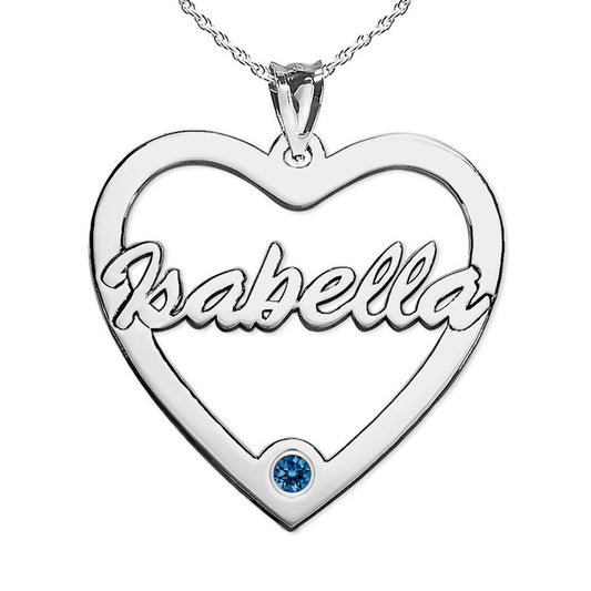 Personalized Heart Cut-Out with Pendant with Birthstone & Name- Includes 18 Inch Chain