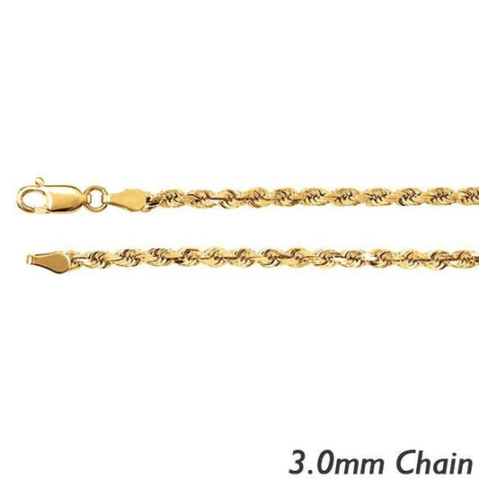 14K Yellow Gold 3.0mm Diamond Cut Flex Rope Chain