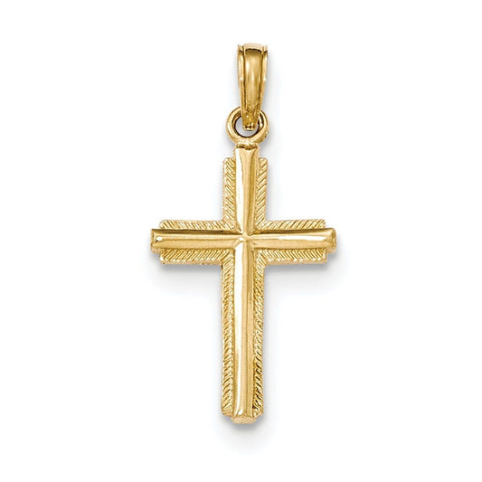 14K Gold Polished Cross With Stripped Border Pendant