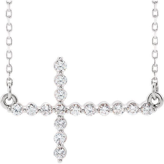 14K White Gold 1/3 CTW Diamond Sideways Cross Necklace