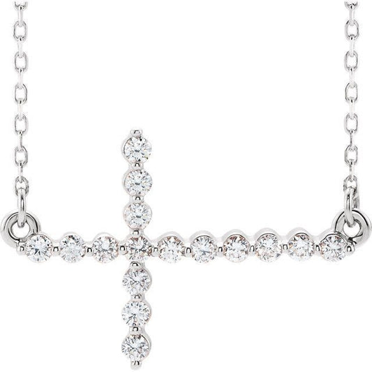14K White Gold 1/3 CTW Diamond Sideways Cross Necklace