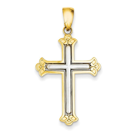 14K Two-tone White Cross in Budded Yellow Cross Frame Pendant