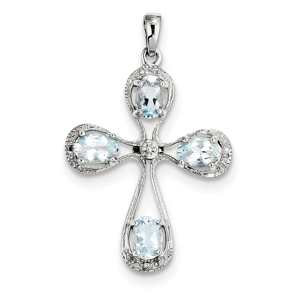 Sterling Silver Rhodium Aqua & Diamond Cross Pendant