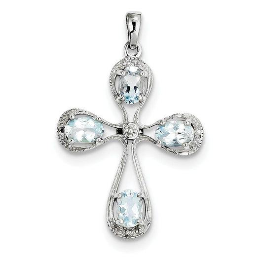 Sterling Silver Rhodium Aqua & Diamond Cross Pendant