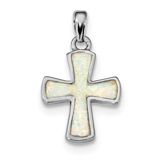 Sterling Silver Rhodium-plated White Created Opal Cross Pendant