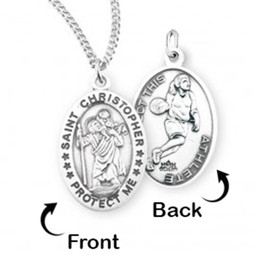 Sterling Silver Saint Christopher Double Sided Female Basketball Oval Religious Medal w/ Chain