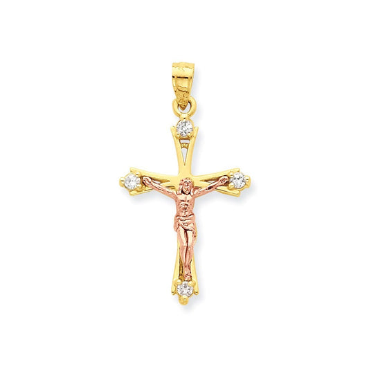 10k Two-tone CZ Crucifix Pendant