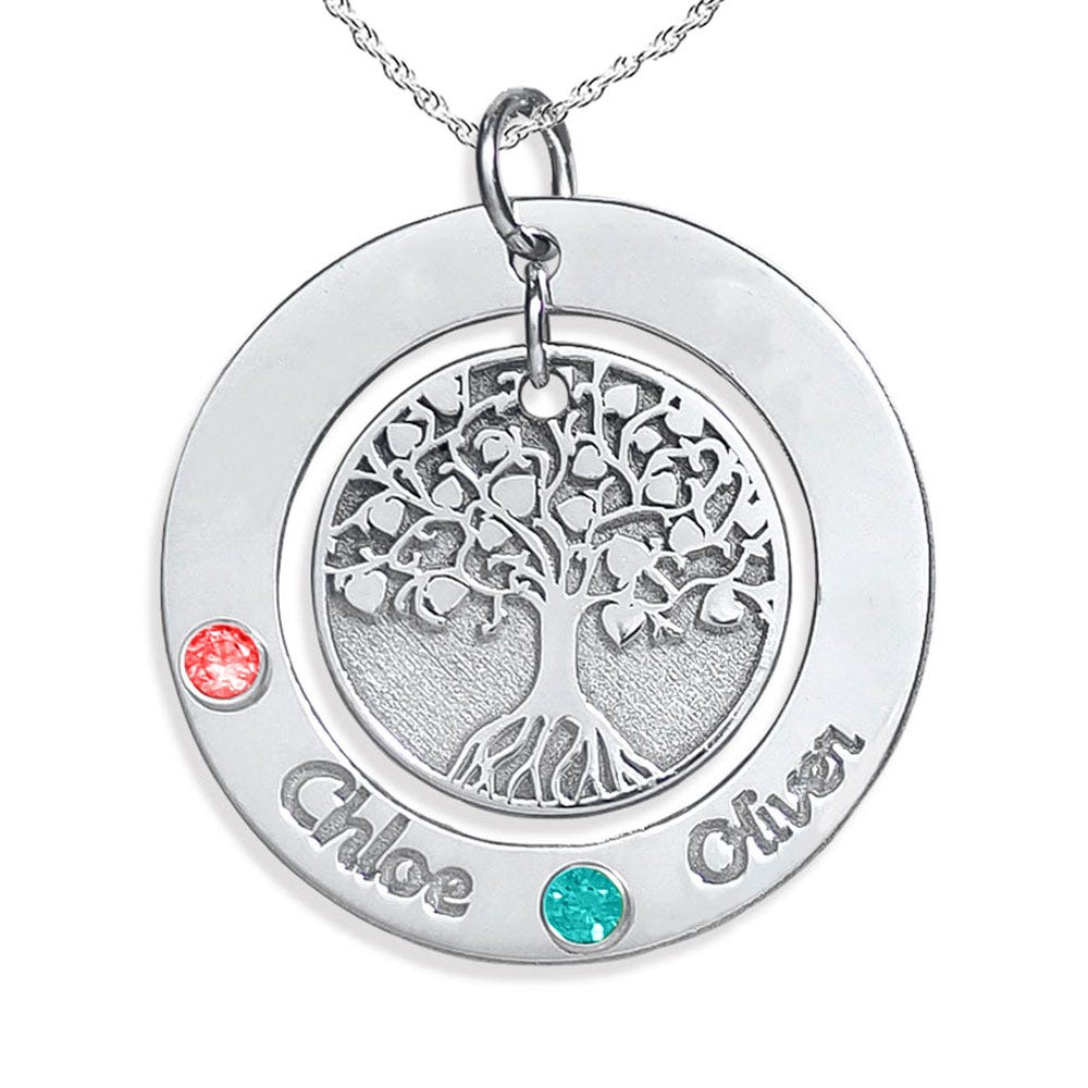Personalized Round Family Tree Pendant with Two Birthstones & Names- Includes 18 Inch Chain