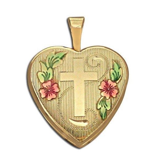 14k Gold Filled Small Cross Heart Photo Locket - 2/3 inch x 2/3 inch