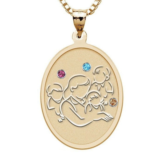 Mother with Three Sons Oval Pendant - with Birthstones