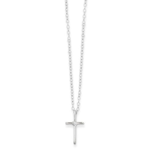 14k White Gold .01 ct Diamond Children's Cross Pendant w/ 15" Chain