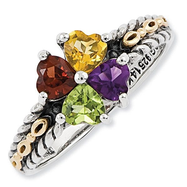Sterling Silver & 14k Gold Antiqued Mother's Ring w/ Four Heart Stones