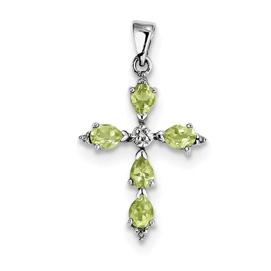 Sterling Silver Rhodium Pear Peridot Cross Pendant