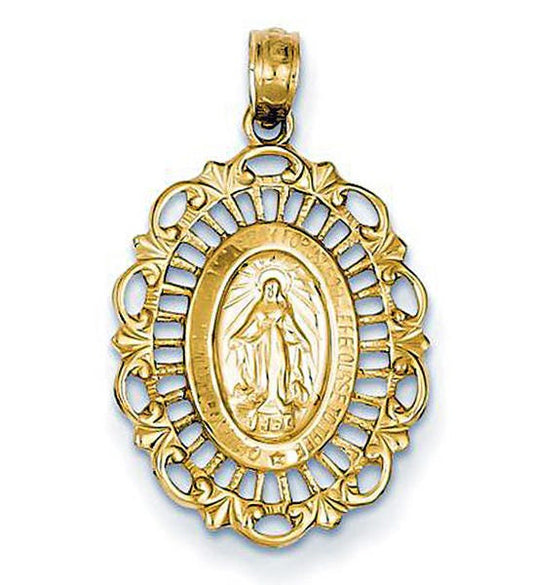 14K Yellow Gold Medium Scalloped Oval Miraculous  Medal Cut-Out Pendant