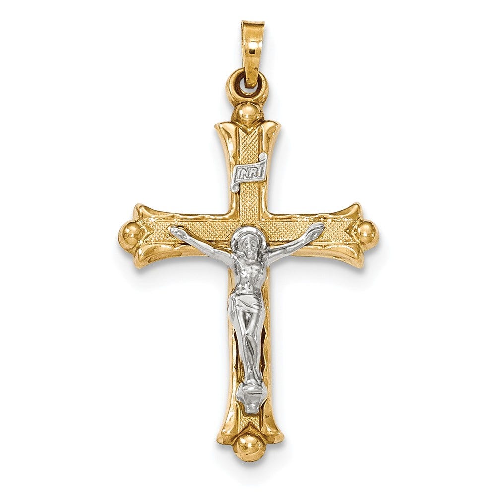 14k Two-Tone Textured and Polished INRI Crucifix Pendant
