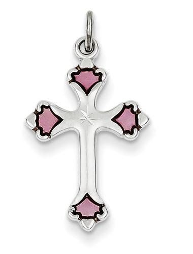 Sterling Silver Pink Enameled Budded Cross Charm