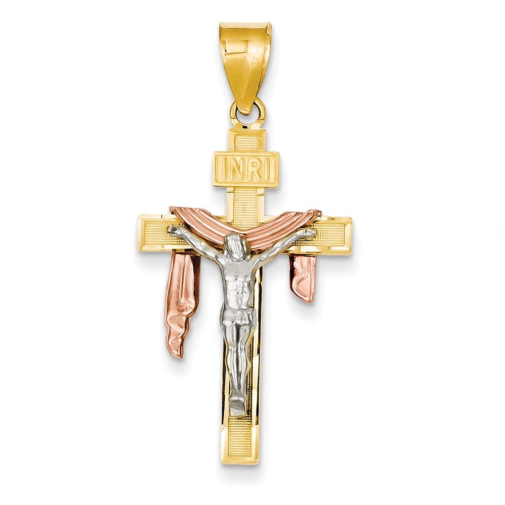 14K Tri-color Diamond-cut Small Draped INRI Crucifix Pendant