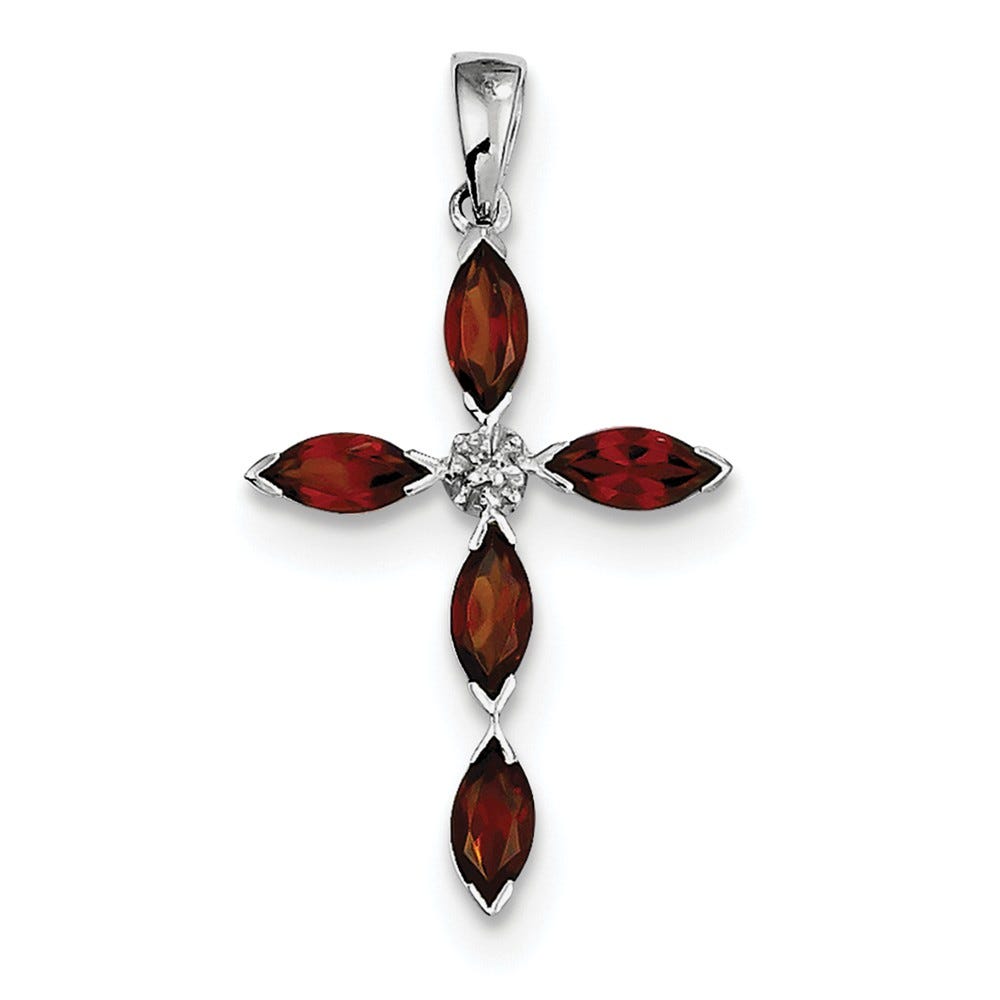 Sterling Silver Rhodium Garnet & Diamond Cross Pendant