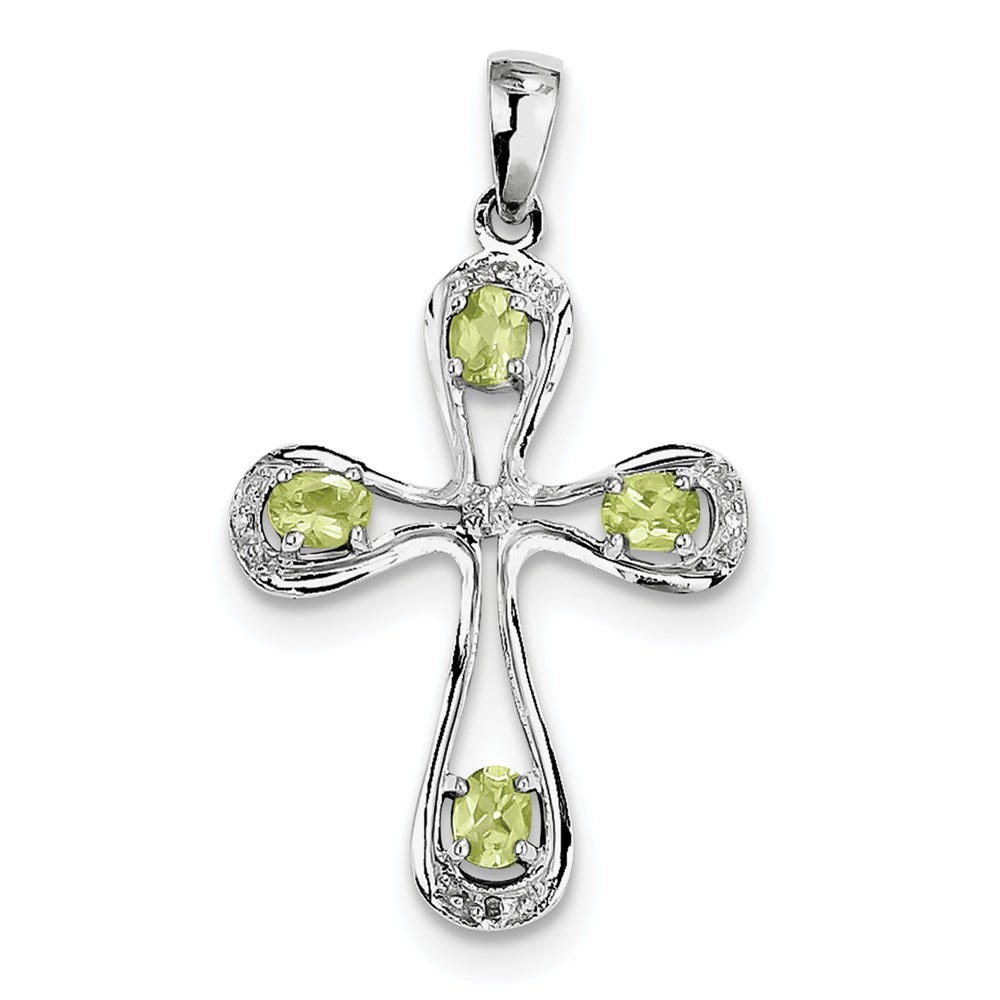 Sterling Silver Rhodium Peridot & Diamond Cross Pendant