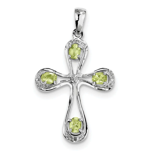 Sterling Silver Rhodium Peridot & Diamond Cross Pendant