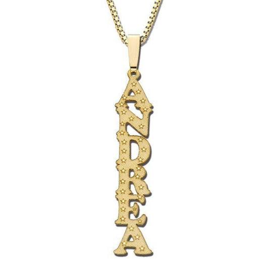 14K Yellow Gold Block Vertical Name Necklace w/ Star Accents and Box Chain