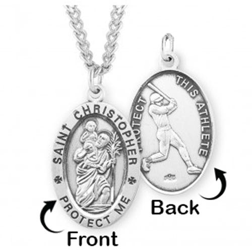 Sterling Silver Saint Christopher Double Sided Baseball Oval Religious Medal w/ Chain